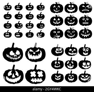 Set di silhouette con sorriso spoky sulle zucche. Jack-o-lanterna scolpito espressioni facciali per Halloween carta o invito. Illustrazione vettoriale isolata su Whi Illustrazione Vettoriale