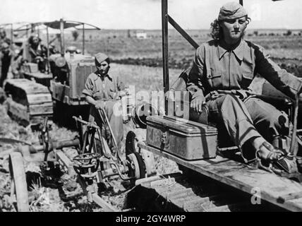 'Questa fotografia, scattata il 20 luglio 1940 nei pressi di Maccarese a ovest di Roma, mostra le giovani donne italiane che arano un campo con trattori Caterpillar. Sono impiegati in agricoltura come conducenti di trattori, come molti uomini sono in guerra come soldati. Per la propaganda fascista, immagini come questa servivano come prova della 'mobilitazione del lavoro femminile'. [traduzione automatizzata]' Foto Stock