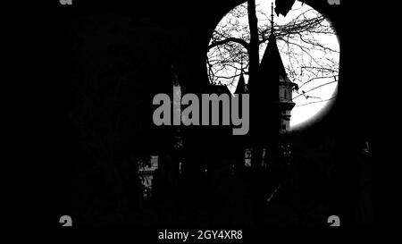 Horror illustrazione 3d del misterioso castello medievale in stile nero Foto Stock