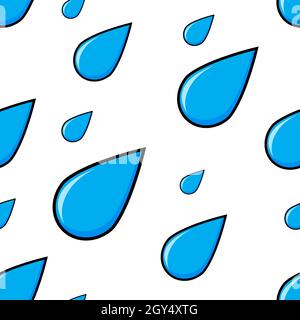 Pioggia che cade. Autunno tempo cartoon blu acqua gocciolando. Pattern vettoriale isolato su sfondo bianco. Illustrazione Vettoriale
