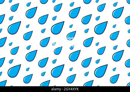 Pioggia che cade. Autunno tempo cartoon blu acqua gocciolando. Pattern vettoriale isolato su sfondo bianco. Illustrazione Vettoriale