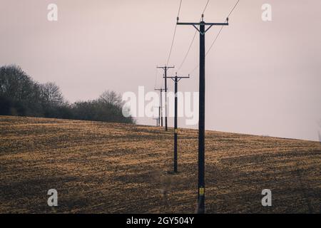 Pali di elettricità che marciano attraverso i terreni agricoli Foto Stock