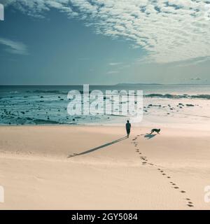 Idilliaco alto angolo di vista mare con un uomo che cammina sulla solitaria spiaggia soleggiata con il suo cane giocoso godendo una giornata estiva sulla riva del mare Foto Stock