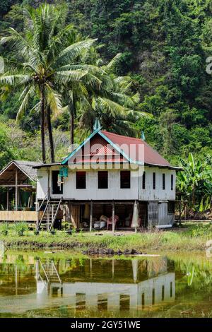 Palafitte casa di stagno di pesce al villaggio di Rammang in questa popolare area turistica e regione carsica patrimonio dell'umanità dell'UNESCO. Rammang-Rammang, Maros, Sulawesi meridionale, Indone Foto Stock