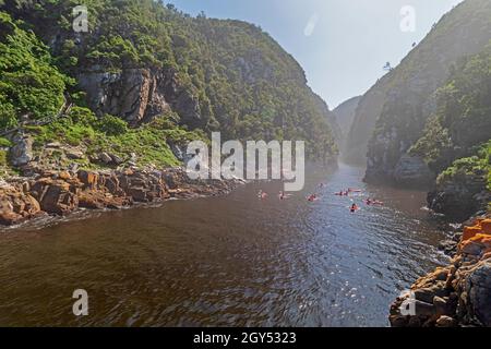 Una vista delle tempeste Gorge del Fiume con un gruppo di kayakers nel fiume alla sezione del Parco Nazionale di Tsitsikamma della Garden Route in Sud Africa. Foto Stock