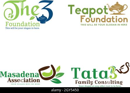 Set di teapot bevanda a base di foglie di erbe logo design Illustrazione Vettoriale