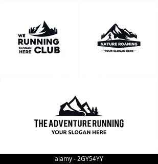 Set di sport corsa montagna avventura logo Deign Illustrazione Vettoriale