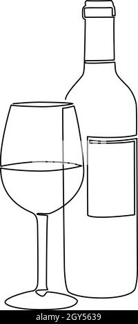 bottiglia di vino e bicchiere di vino a linea singola continua, illustrazione vettoriale line art Illustrazione Vettoriale