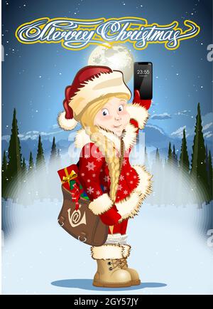 Biglietto d'auguri vettoriale Natale con cartoon Snow Maiden - Postman, smartphone e mail bag con regali. Formato eps-10 disponibile separato da gruppi e. Illustrazione Vettoriale