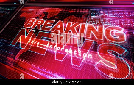 Ultime notizie sullo schermo del computer. Broadcast, live media, informazione e comunicazione astratta concetto 3d illustrazione. Foto Stock