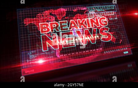 Ultime notizie sullo schermo del computer. Broadcast, live media, informazione e comunicazione astratta concetto 3d illustrazione. Foto Stock