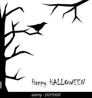 carta happy halloween con corvo su sfondo luna pieno Illustrazione Vettoriale