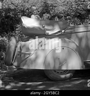 Ein kleiner Junge und sein Hund im Fond eines Cabrios, Deutschland 1930er Jahre. Un bambino con il suo cane nel retro di una cabriolet, Germania 1930s. Foto Stock