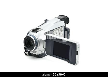 Semi-professionali video videocamera utilizzata per la ripresa di video clip sulla isolato sfondo bianco Foto Stock