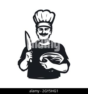 Chef con coltello per tagliare la carne. Logo macelleria. Elemento di design del concetto gastronomico per il menu del ristorante Illustrazione Vettoriale