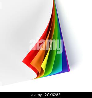 Documento vuoto arcobaleno colorato angolo arricciato. Graphic design elemento. Modello vuoto mock up. Business corporate identity, pubblicità, poster con Foto Stock