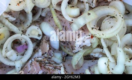 Carne di maiale cruda per barbecue con spezie e cipolle sono pronti a cucinare. Kebab crudo fresco marinato. Barbecue, pic-nic, giornata estiva nel parco con la famiglia e gli amici Foto Stock