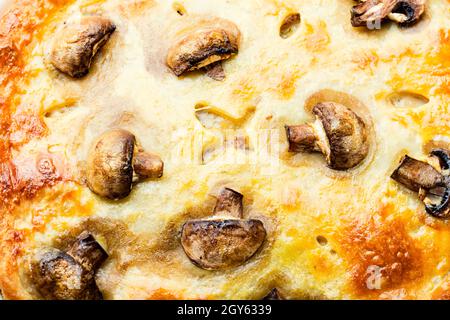 Deliziosa torta fatta in casa con carne e funghi. Cibo sfondo Foto Stock