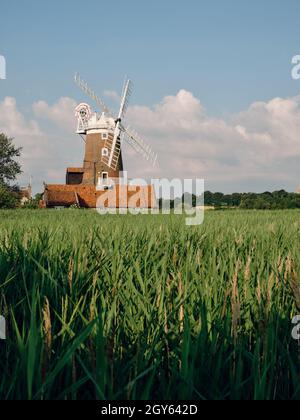 Guardando oltre i letti di canna di Cley Marshes al 18th c Cley Windmill / Towermill, North Norfolk Heritage Coast villaggio di Cley accanto al mare, Inghilterra Foto Stock