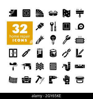 Set di icone di glifo vettoriale per la costruzione di edifici e la riparazione domestica. Simbolo grafico per il design del sito Web, il logo, l'app, l'interfaccia utente Foto Stock