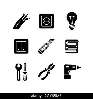 Riparazione domestica, insieme di icone glifo vettoriale elettrico. Simbolo grafico per il design del sito Web, il logo, l'app, l'interfaccia utente. Illustrazione vettoriale, EPS10. Foto Stock