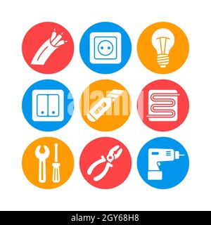Riparazione domestica, insieme di icone glifo bianco vettoriale elettrico. Simbolo grafico per il design del sito Web, il logo, l'app, l'interfaccia utente. Illustrazione vettoriale, EPS10. Foto Stock