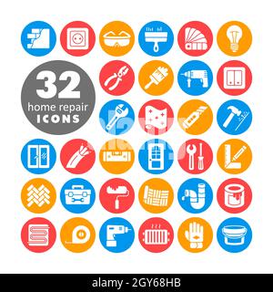 Set di costruzione di edifici e riparazione casa glifo bianco icone. Disegno vettoriale e illustrazione Foto Stock