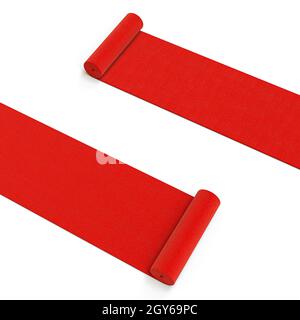 moquette rossa srotolante su sfondo bianco. rendering 3d. Foto Stock