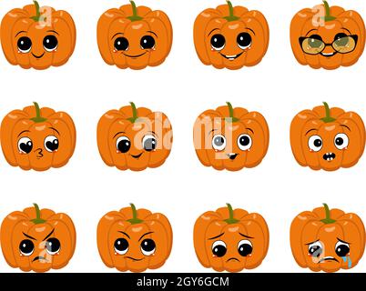 Set di simpatici personaggi di zucca con gioie e tristi emozioni, viso, occhi grandi e ampio sorriso felice o lacrime. Decorazione di festa di Halloween. Malizioso eroe vegetale d'autunno arancione Illustrazione Vettoriale