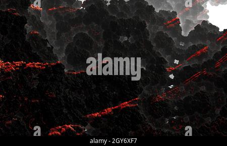 Roccia vulcanica nera con vene laviche rosse. Trama di sfondo di una roccia. Rocce frattali. rendering 3d. Foto Stock