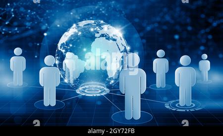 Aziende globali e persone che lavorano in rete con background tecnologico. Rete di comunicazione globale e concetto di comunità di rete. Rendering 3D. Foto Stock