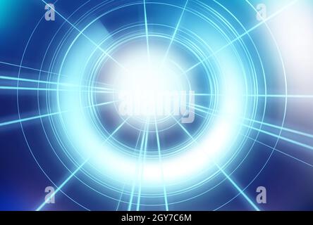 Luci astratte grafiche con cerchi rotondi e linee di connessione, sfondo, linee multiple e cerchi che vanno al punto centrale Foto Stock