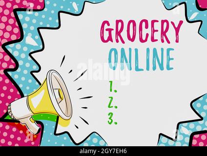 Titolo concettuale Grocery Online, Word per la versione digitale del supermercato accettare l'ordine online Colourful Design visualizzati messaggio importante, ABS Foto Stock