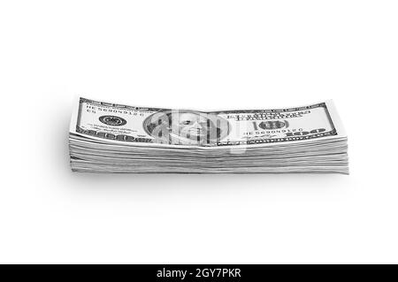 Una pila di dollari confezionati su sfondo bianco. Cento dollari americani. Il cumulo di dollari è isolato con un'ombra. Bianco e nero s. Foto Stock