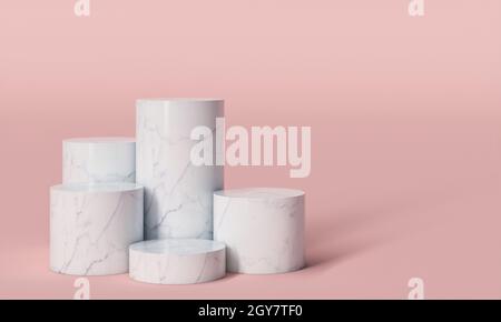 basi cilindriche in marmo bianco su sfondo rosa. rendering 3d. Foto Stock