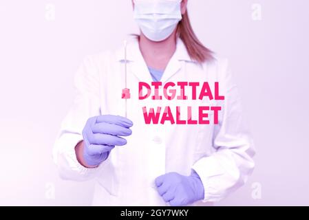 Titolo concettuale Digital Wallet, Word per un conto finanziario che consente di creare una transazione online presentando e analizzando il campione medico D. Foto Stock