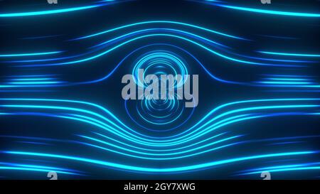Caleidoscopio astratto di linee luminose al neon che formano i petali e i cerchi. sfondo generato dal computer con rendering 3d Foto Stock