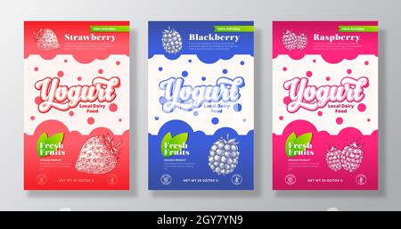 Set di modelli per etichette yogurt frutta e Berries. Raccolta di layout di progettazione di packaging astratto Vector Dairy. Banner moderno con fragola disegnata a mano Illustrazione Vettoriale