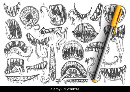 Denti e doodle della bocca. Raccolta di bocca spaventosa, denti, lingua disegnati a mano come serpente o come tatuaggi isolati su sfondo trasparente Foto Stock