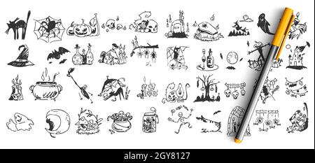 Set di noodle di Halloween. Raccolta di disegni a mano matita modelli modelli modelli di pipistrelli zucche zombie gufi ghotti creature su sfondo bianco. IO Foto Stock