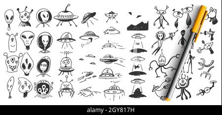 Set di barbatole alieni. Collezione di disegni a mano modelli modelli di mostri dello spazio esterno creatura invasori rapimento persone per esperimenti. U Foto Stock