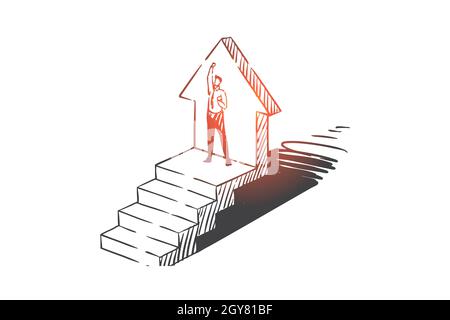 Schizzo del concetto di successo. Uomo d'affari in cima alle scale, freccia rivolta verso l'alto, crescita professionale, sviluppo di carriera e promozione del lavoro me Foto Stock