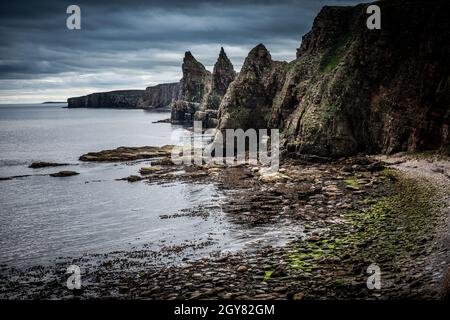 L'aspra e desolata bellezza della natura che ha formato gli Stacks fuori dalla scogliera a Duncansby Head sulla costa nord delle Highlands scozzesi Foto Stock