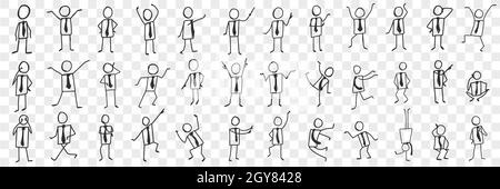 Uomo d'affari in cravatta doodle set. Collezione di silhouette disegnate a mano di uomo d'affari in cravatta che esprime emozioni con mani isolate su dorso trasparente Foto Stock