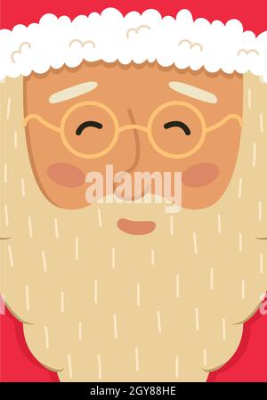 Biglietto di Natale con testa Babbo Natale carino. Biglietto di auguri per l'anno nuovo. Illustrazione Vettoriale