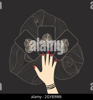 Mano con carte tarocchi, un layout di carte sul tavolo, disegno a mano di un fiore esoterico sul retro di carte, misticismo, magia, esoterismo. Illustrazione vettoriale Illustrazione Vettoriale