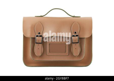 Una borsa a mano marrone della scuola isolata su bianco con percorso di taglio Foto Stock