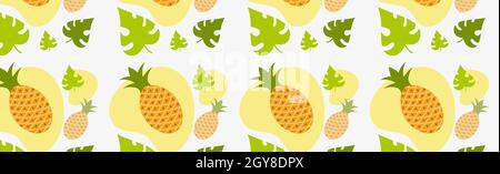 Motivo senza cuciture, ananas e foglie mature realistiche - illustrazione vettoriale Foto Stock
