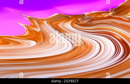 Mare di caramello, spruzzi di caramello su fondo blu, naturale, yogurt, panna acida, spessa, liquido, vernice, percorso di ritaglio. illustrazione 3d, rendering 3d Foto Stock