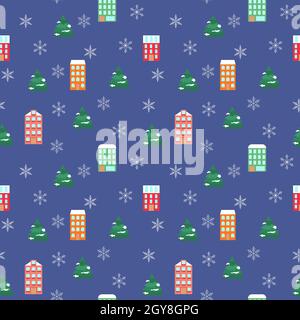 Case luminose e fiocchi di neve modello senza cuciture. Natale sfondo festivo con alberi di abete. Illustrazione vettoriale piatta del nuovo anno Illustrazione Vettoriale